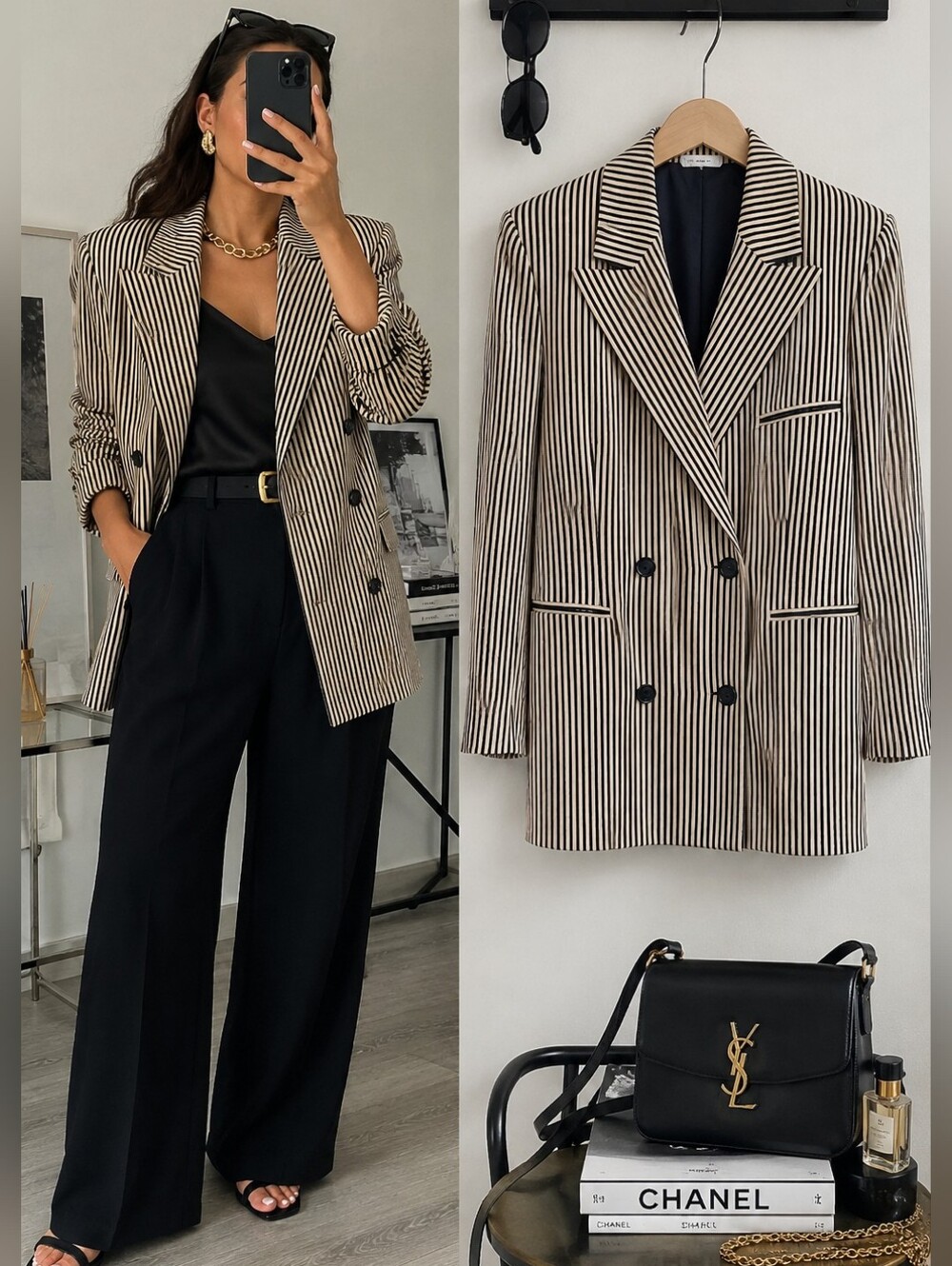 Vintage Georges Rech Paris Striped Double Breasted Blazer Jacket Beige Black, 36